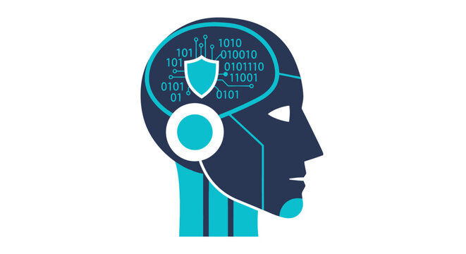 AI Cybersecurity Concept Illustration of a Robotic Head with Data Protection Shield and Binary Code