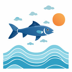 Fototapeta premium Stylized Blue Fish Swimming in Ocean with Sun and Clouds