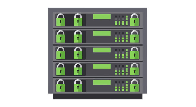 Cybersecurity Concept Illustration of a Secure Server Rack with Green Padlocks Representing Data Privacy and Network Safety