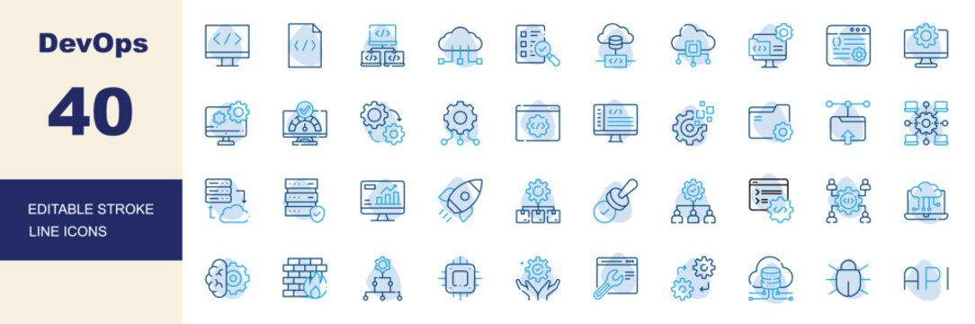 DevOps, Software Development, Cloud Computing and System Administration Line Icons Set Editable Stroke Vector Illustration