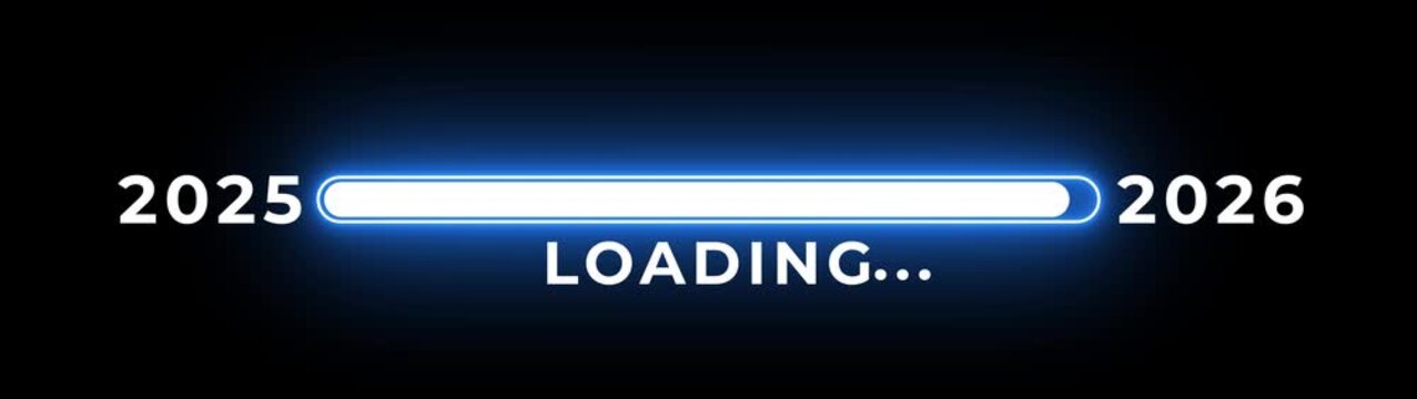 New year 2026 loading bar animation Year changing from 2025 to 2026. Loading bar from 2025 to 2026 new year transfer animation. Almost reaching New Year on black background.4k motion graphics video