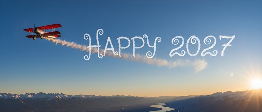 Paper plane flying over the ocean at sunrise with Happy 2027 text, future journey, peaceful lifestyle adventure, new beginnings