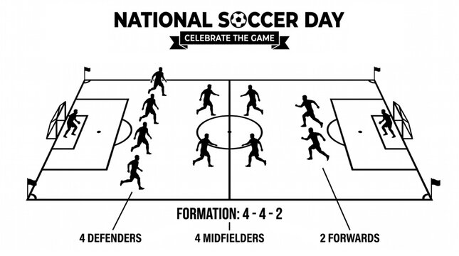 4-4-2 Football Tactics Diagram Vector Silhouette Landscape View for National Soccer Day
