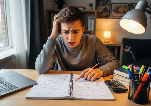 Stressed student struggling with complex mathematics homework at a desk with a laptop, calculator, and stationery in a dimly lit room