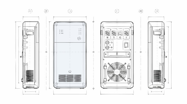 Technical drawing of a compact computer tower with dimensions.