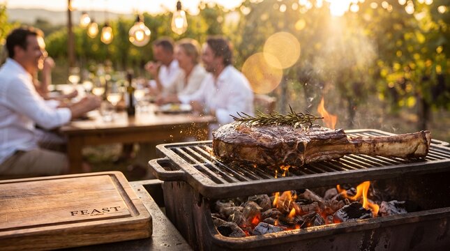 Juicy tomahawk steak grilling on open flame barbecue during a vineyard dinner party.