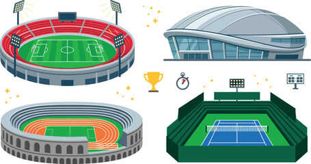 Sports stadium buildings vector set with soccer field football arena tennis court running track athletics colosseum and modern futuristic arena dome © SARIFA