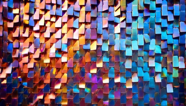 a wind driven shimmer wall backdrop featuring square iridescent holographic sequins these panels are a popular choice for event decorations due to their dynamic light reflecting properties