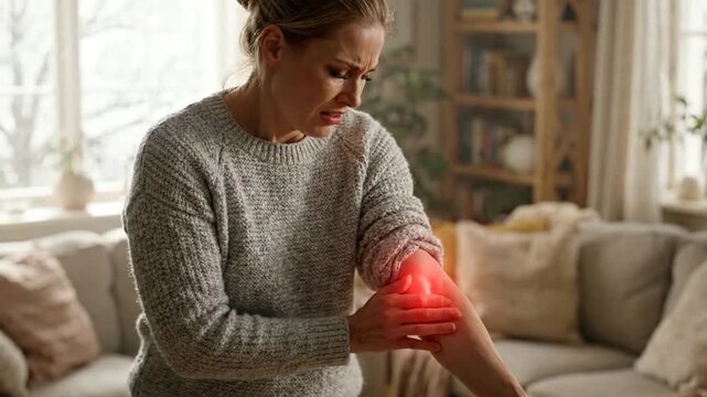 Pain Woman Experiencing Intense Arm Discomfort at Home in Cozy Living Room Setting