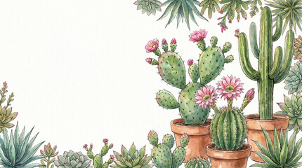 Fototapeta premium Elegant hand-painted watercolor cactus botanical presentation background with soft desert plants and clean copy space. Perfect for presentations, wellness, home decor, branding, social media, statione
