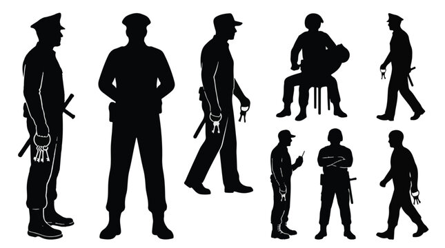 Jailer silhouette with keys in various poses