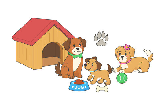 Cartoon family of dogs with a child, mom and dad. Cute puppy with parents, toy, food and kennel. Funny dogs ​​family isolated on white background.