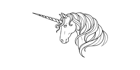 Beautiful unicorn head with flowing mane and spiral horn, line art © Badhon_Designer