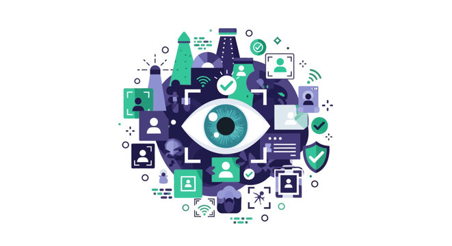 Biometric Facial Recognition and Digital Surveillance Concept Illustration with Human Eye and Security Icons for Cybersecurity and Privacy Monitoring