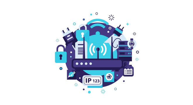 Network Security and Wireless Internet Connectivity Concept Illustration with Wi-Fi Router, Padlocks, and Data Icons in Flat Design Style