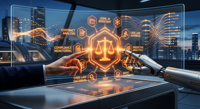 Artificial Intelligence Legal Assistant Concept with Predictive Analytics, Contract Analysis, Compliance Monitoring and Smart Law Technology Solutions