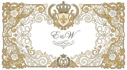 Vintage gold heraldic frame with royal crown and fleur de lis, ornate baroque border with roses, elegant wedding invitation vector template © sidra