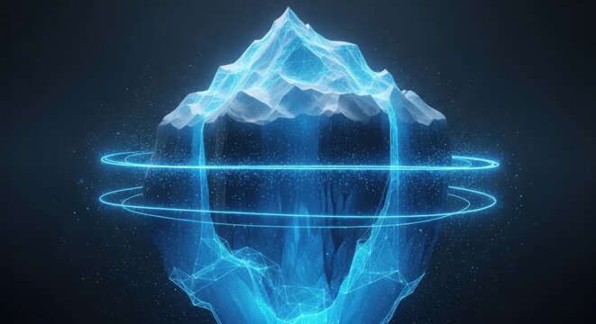 Digital pixel art iceberg with glowing blue light rings illustration