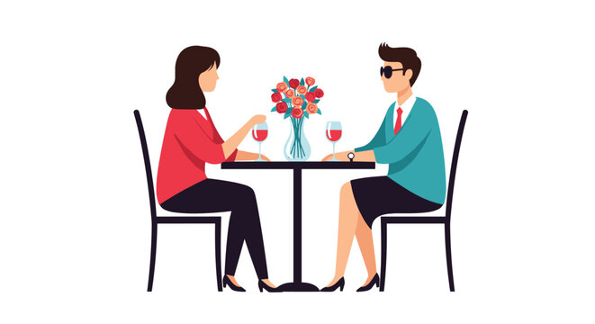 Young couple having a romantic dinner date at a small table with wine and flowers, showcasing a social and intimate connection.