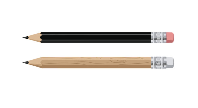Two horizontal wooden pencils, one painted solid black and the other showing natural wood grain, both equipped with pink erasers at the end.