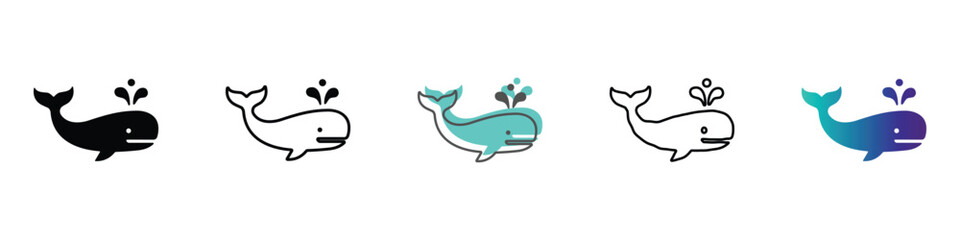 Set of stylized whale icons with water spouts in various simple graphic styles © Vova7