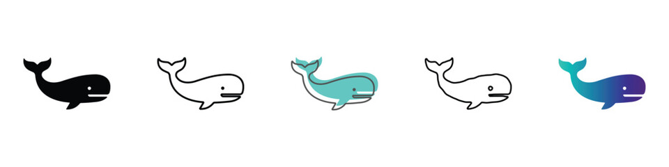 Collection of stylized whale icons in various artistic styles and colors © Vova7