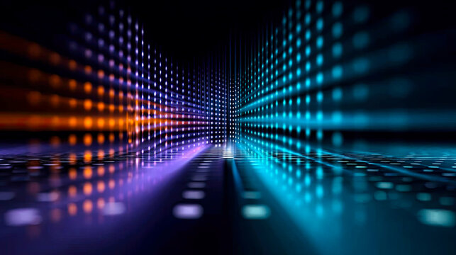 Abstrakter digitaler Hintergrund mit leuchtenden Partikeln, flie&szlig;enden Wellen und futuristischen Datenstrukturen. Dynamische Komposition mit Tiefe, Bewegung und moderner Technologie&auml;sthetik.