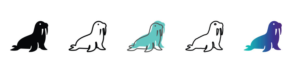 Collection of stylized walrus icons in various artistic representations © Vova7