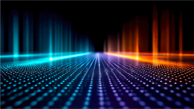 Abstrakter digitaler Hintergrund mit leuchtenden Partikeln, flie&szlig;enden Wellen und futuristischen Datenstrukturen. Dynamische Komposition mit Tiefe, Bewegung und moderner Technologie&auml;sthetik.