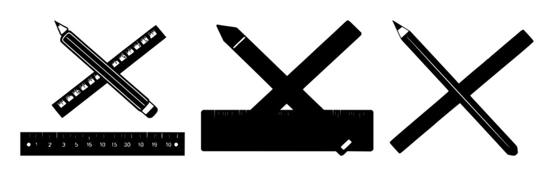 Pencil and ruler set with solid black lines on white background featuring tool icons, drafting instruments, measurements with design and illustration