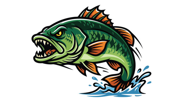 Aggressive large freshwater fish jumping out of water with open mouth and sharp teeth in a dynamic aquatic scene