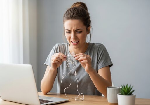 Frustrated young woman sitting at a desk and trying to untangle a mess of white wired earphones while working on her laptop in a home office setting