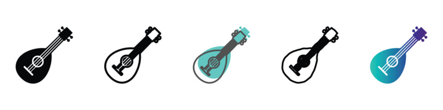 Collection of mandolin icons in various styles and colors