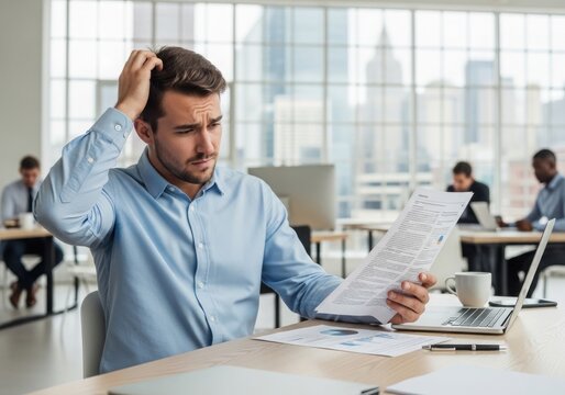 Stressed businessman reviewing documents in a modern office