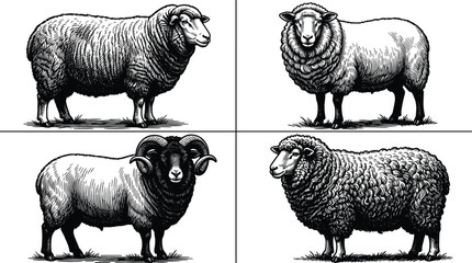 Vintage Linocut Sheep and Ram Vector Set with Detailed Woodcut Style Engravings for Organic Wool Packaging, Butchery Logos, and Farmhouse Craft Branding © ovi