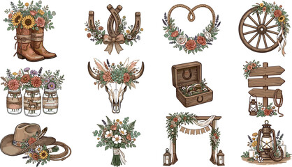 Rustic Country Western Wedding Watercolor Clip Art Element Set with Floral Boots, Cow Skull, Horseshoe, Mason Jars, Wooden Arch, and Cowboy Hat Vector Illustration © Monirul