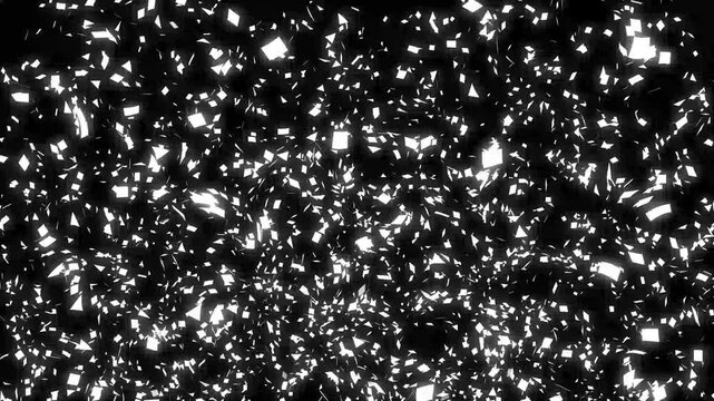 White confetti explosion effect on black background, festive paper particles flying outward with clean celebration visuals in seamless 4K.