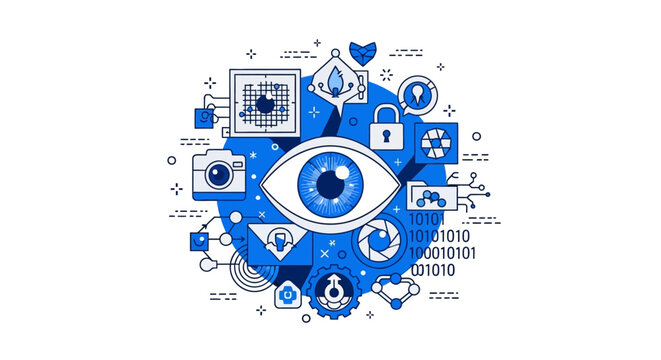 Computer Vision and Digital Security Concept Illustration with Eye, Camera, Binary Code, and Network Icons representing Artificial Intelligence and Visual Data Processing