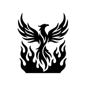 Flying phoenix bird rising from fire flame vector silhouette