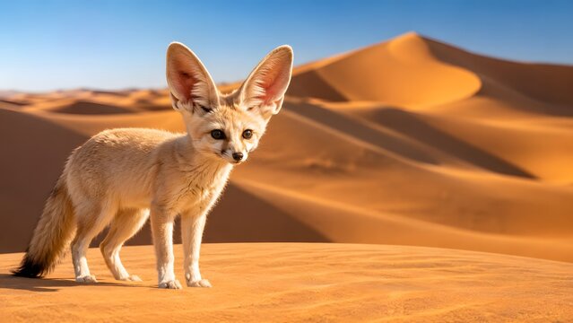 Cute close up photograph of a tiny fennec fox with large ears standing on a golden sand dune in a vast sunny desert. Suitable for arid environment textbooks and wildlife calendars.