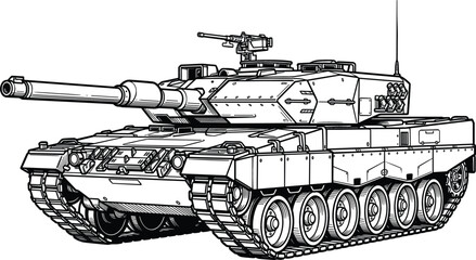 Military Main Battle Tank Line Art Vector for Coloring Books, Army Vehicle Outlines, War Gaming Graphics, and Detailed Silhouette Tactical Illustrations © Hosneara