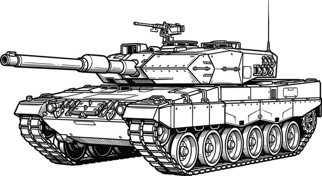 Military Main Battle Tank Line Art Vector for Coloring Books, Army Vehicle Outlines, War Gaming Graphics, and Detailed Silhouette Tactical Illustrations