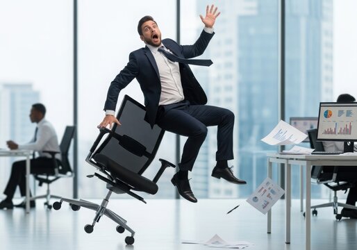 Shocked businessman falling off his office chair in a modern corporate workspace with city skyline view