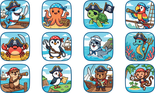 Cute Cartoon Sea Animal and Wildlife Pirate Character App Icon Set with Shark, Octopus, Penguin, Bear, and Parrot for Kids Mobile Game Interface Designs