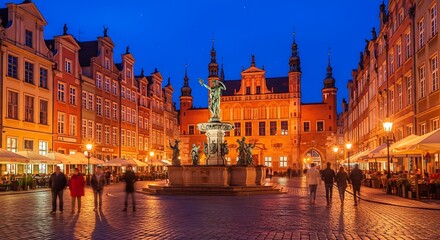 Obraz premium Historic European Town Square Illuminated at Dusk.