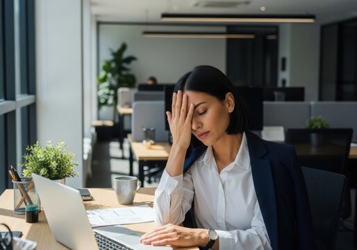 Stressed businesswoman sitting at her desk in a modern office