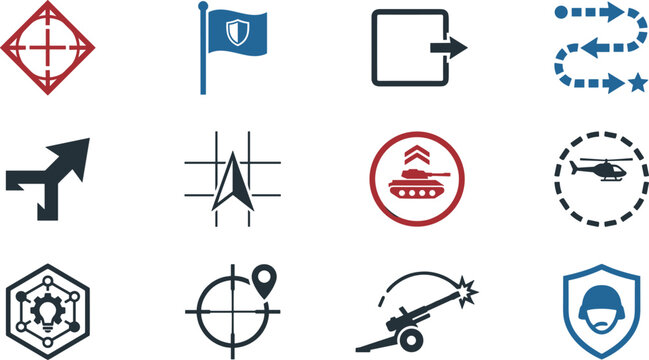 Military and Tactical Strategy Map Icon Set with Tank, Helicopter, Target, Artillery, Crosshair, and Shield Symbols for Wargaming, Navigation, and Combat App Designs