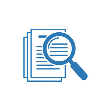 Document review and audit with magnifying glass icon.
