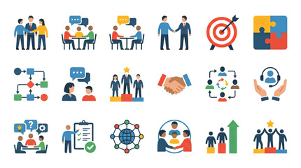 Fototapeta premium Teamwork Icon Set with Collaboration Leadership and Business Team Symbols Vector Collection