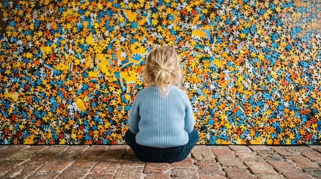 Toddler sitting in front of a massive abstract colorful expressionist painting with painting abstract expressionism colorful creativity